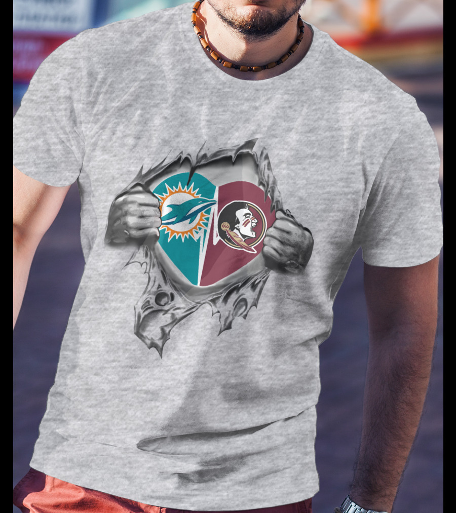 Florida State Seminoles Miami Dolphins Heart Pullover T-Shirt