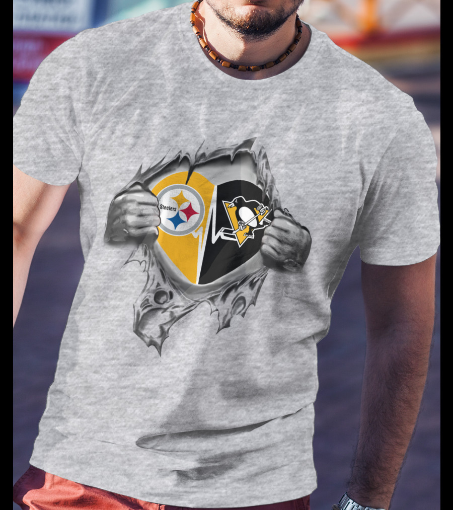 Steelers Penguins Heart With Team Logos And Tearaway Effect T-Shirt