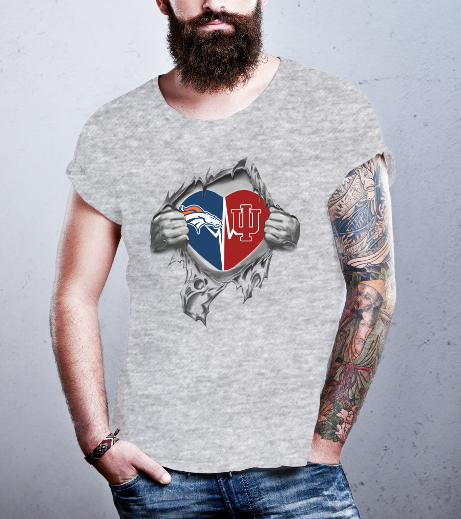 Broncos Indiana Hoosiers Heart Design Featuring Split Logo With Hands T-Shirt