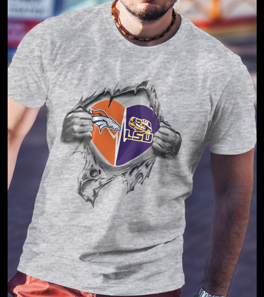 Broncos Lsu Tigers Heart Design With Ripped T-Shirt