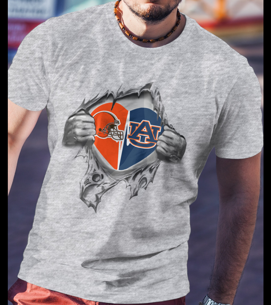 Browns Auburn Tigers Heart Peel Logo Combination T-Shirt