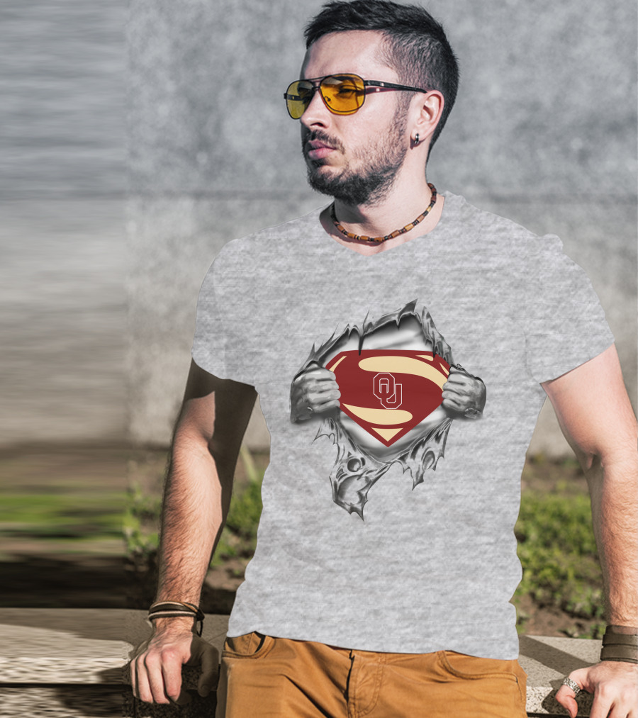Oklahoma Sooners 308 Superman Logo Emblem Tear-Through T-Shirt