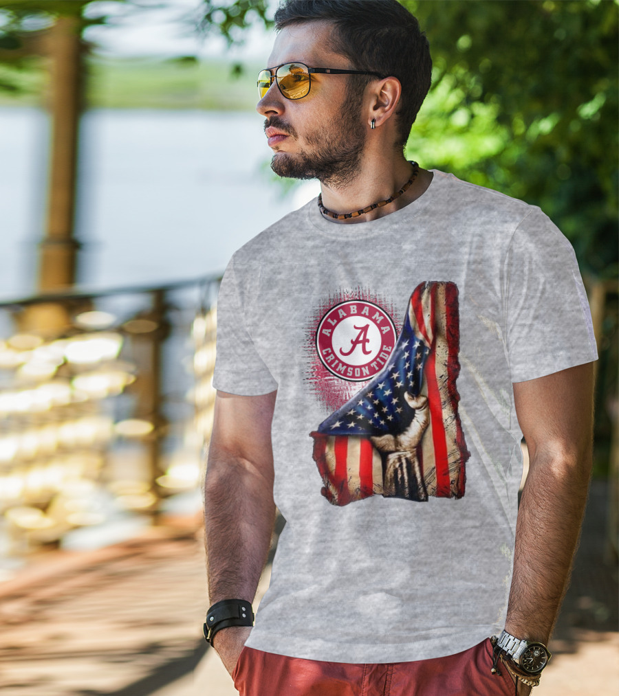 Alabama Crimson Tide American Flag Fist Outline T-Shirt