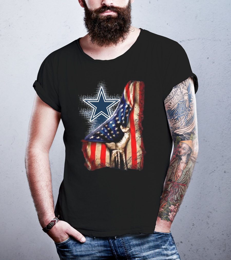 Dallas Cowboys Star With American Flag And Patriotic Hand T-Shirt