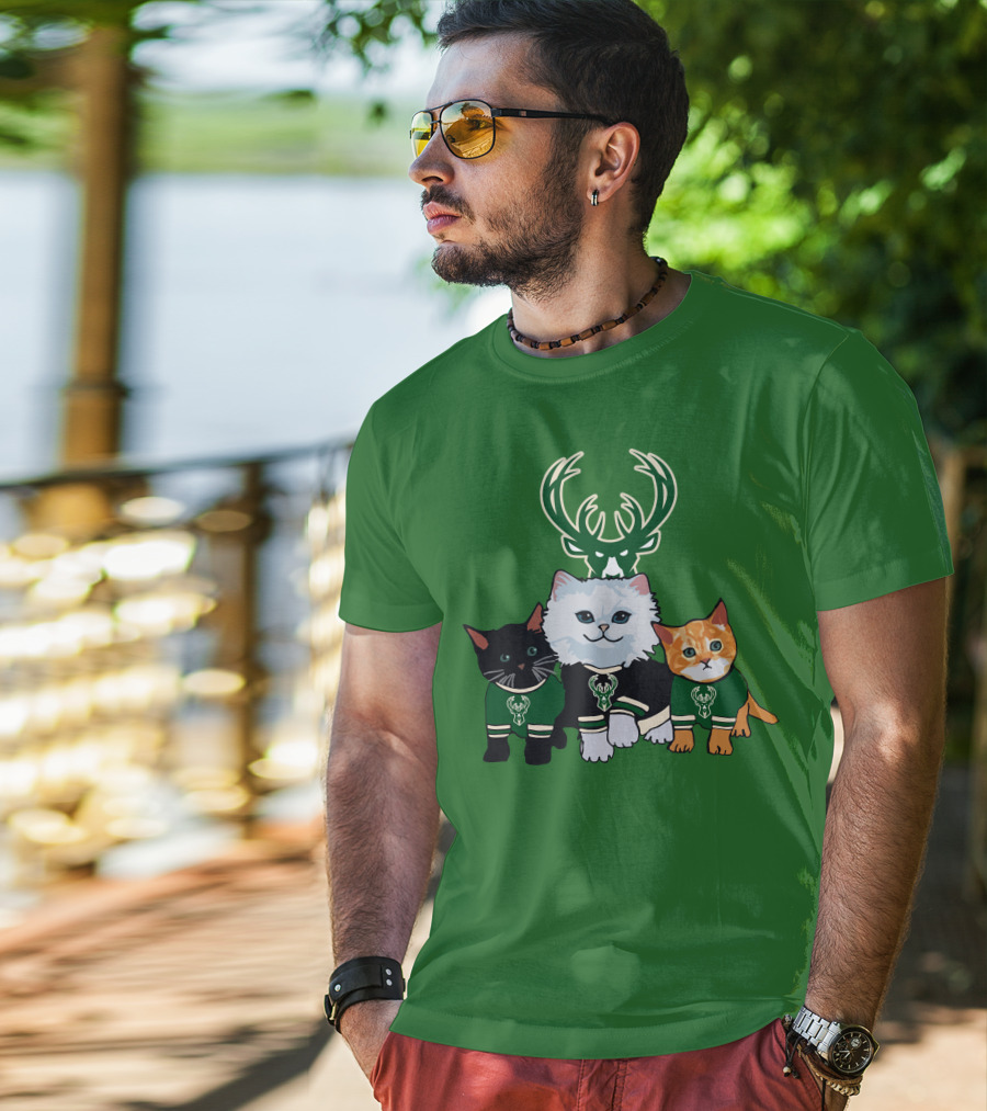 Milwaukee Bucks Cats Trio With Team Logos And Deer Antlers T-Shirt