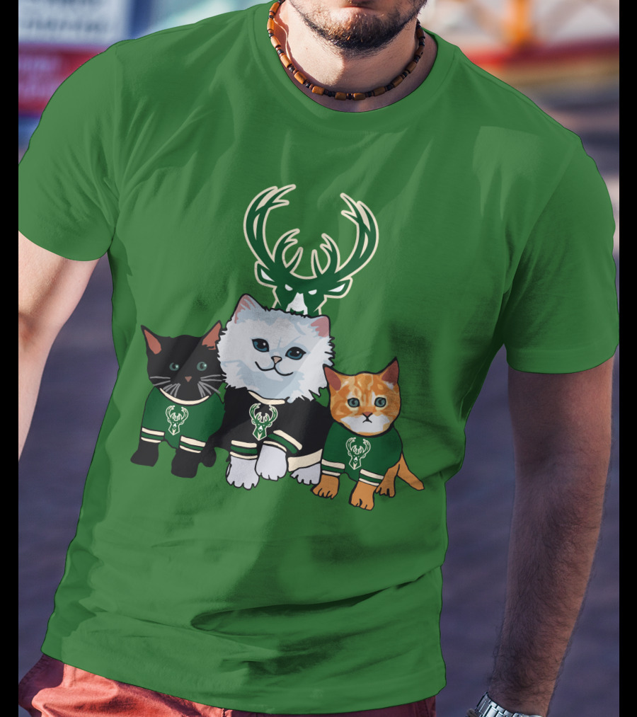 Milwaukee Bucks Cats Trio With Team Logos And Deer Antlers T-Shirt