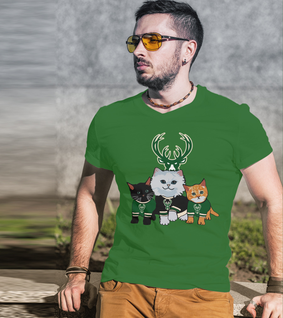 Milwaukee Bucks Cats Trio With Team Logos And Deer Antlers T-Shirt