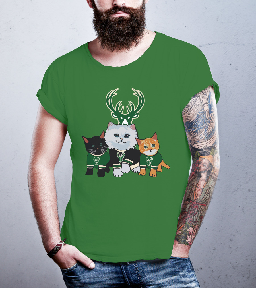 Milwaukee Bucks Cats Trio With Team Logos And Deer Antlers T-Shirt