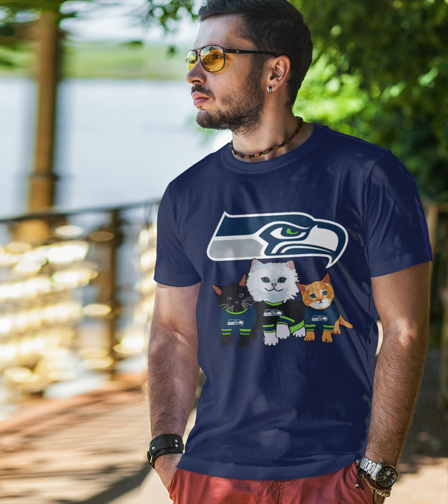 Seattle Seahawks Logo With Cats In Team Jerseys T-Shirt