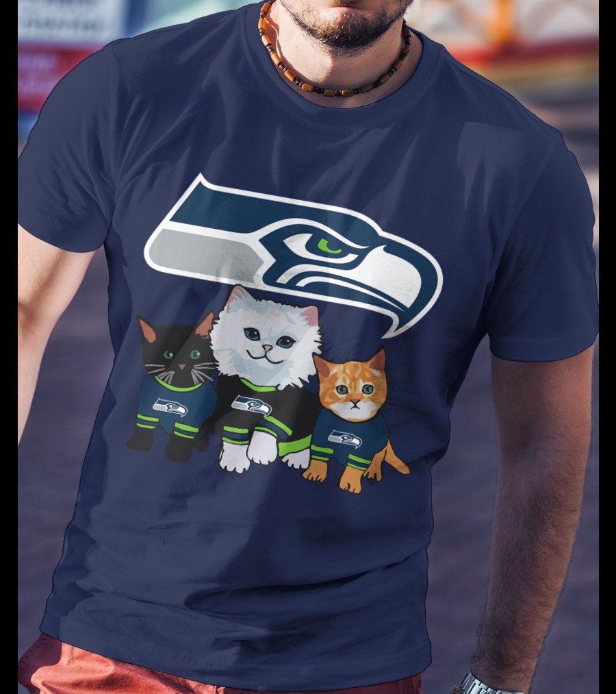 Seattle Seahawks Logo With Cats In Team Jerseys T-Shirt