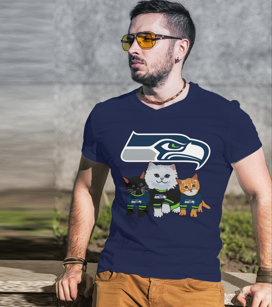 Seattle Seahawks Logo With Cats In Team Jerseys T-Shirt