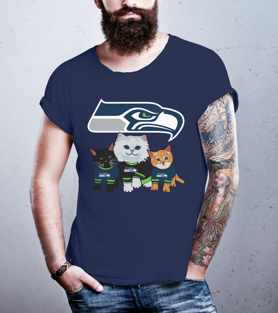 Seattle Seahawks Logo With Cats In Team Jerseys T-Shirt