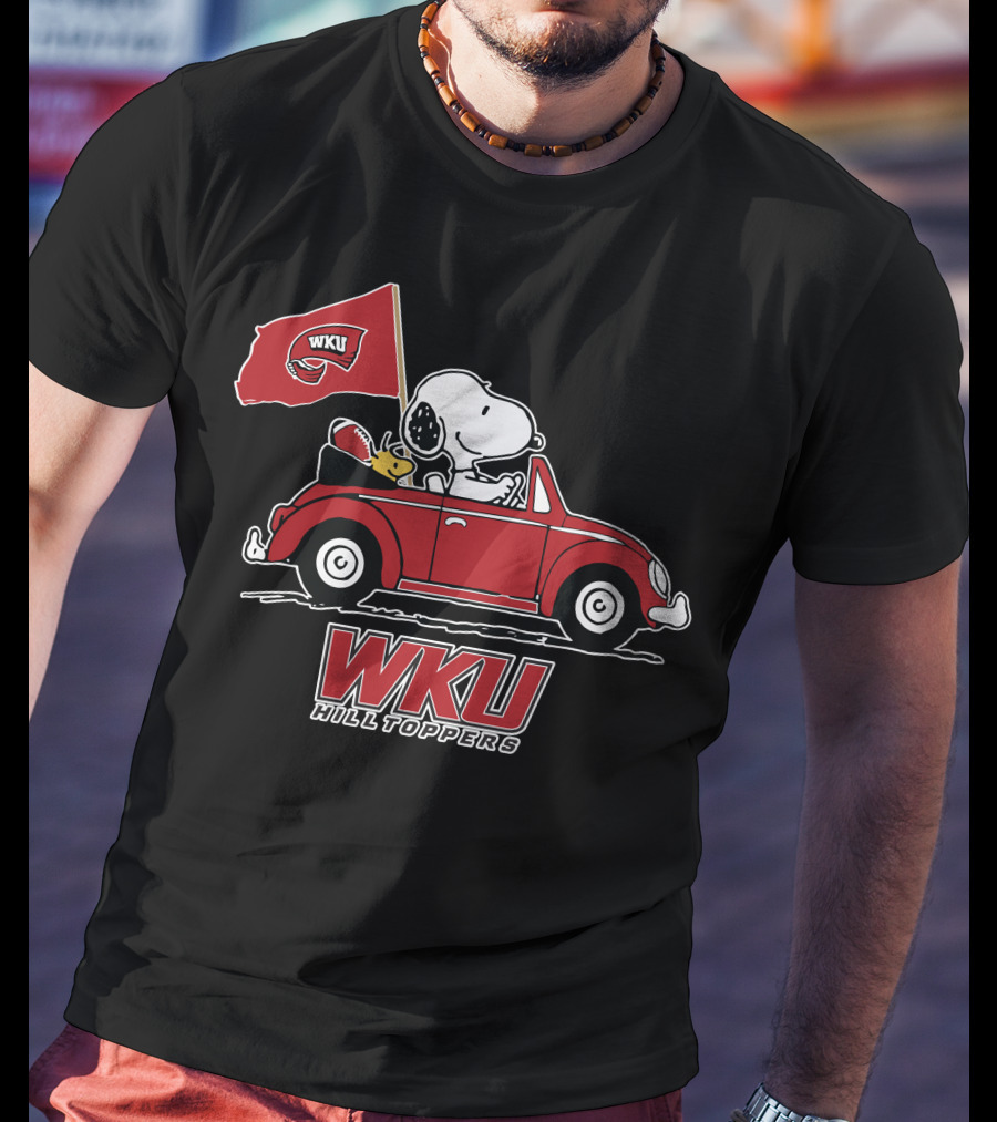 WKU Hilltoppers Snoopy Riding In Red Car With Flag T-Shirt