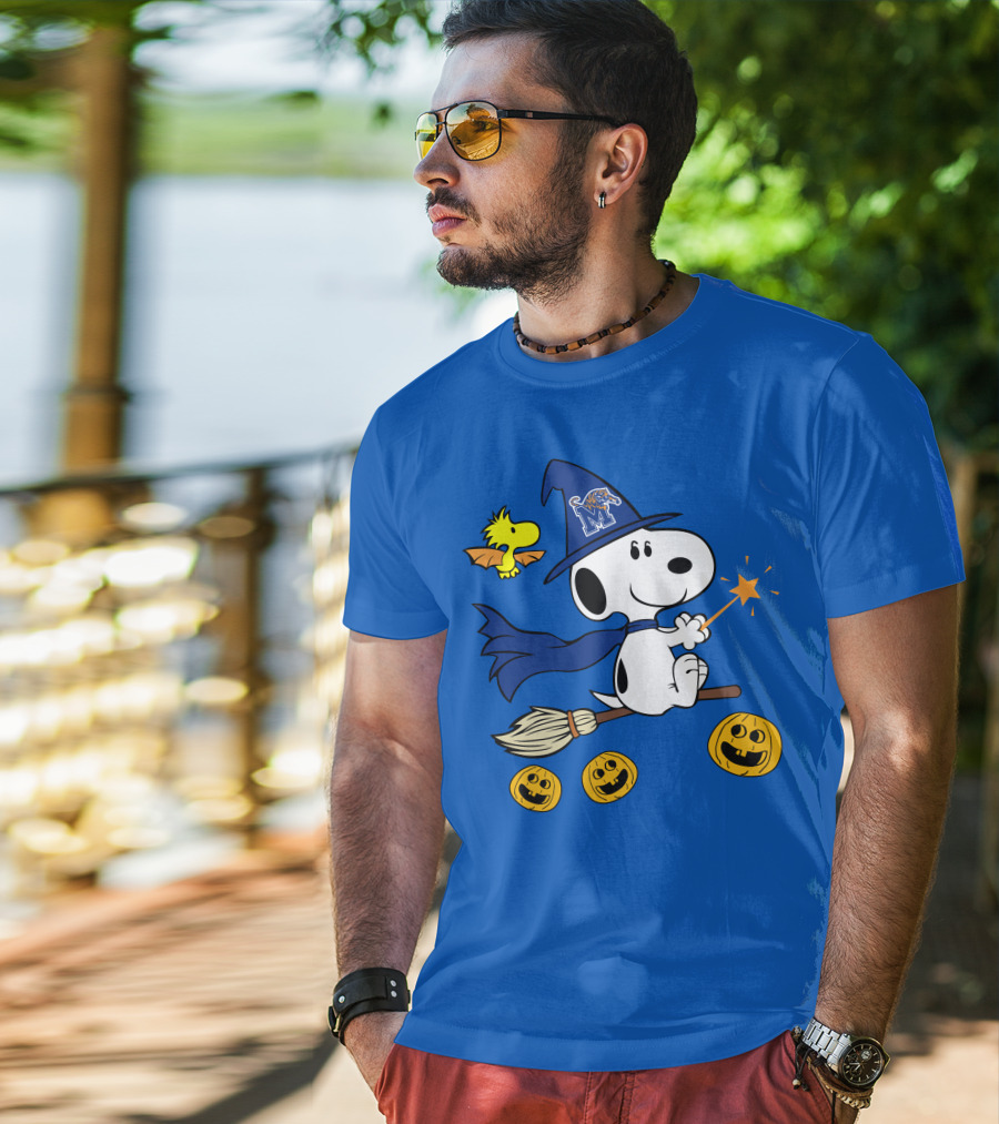 Snoopy And Woodstock Flying Witch With Memphis Tigers Hat And Happy Halloween Pumpkins T-Shirt