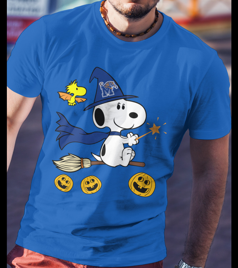 Snoopy And Woodstock Flying Witch With Memphis Tigers Hat And Happy Halloween Pumpkins T-Shirt