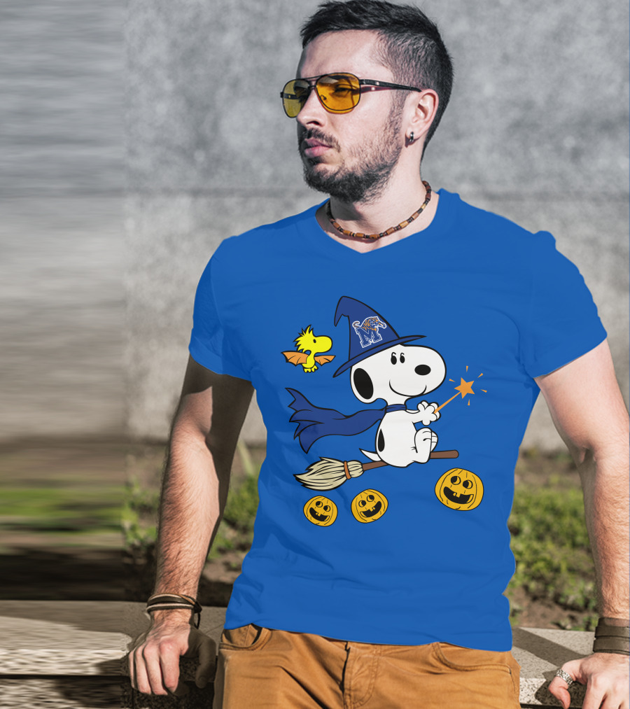 Snoopy And Woodstock Flying Witch With Memphis Tigers Hat And Happy Halloween Pumpkins T-Shirt