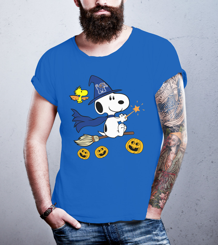Snoopy And Woodstock Flying Witch With Memphis Tigers Hat And Happy Halloween Pumpkins T-Shirt