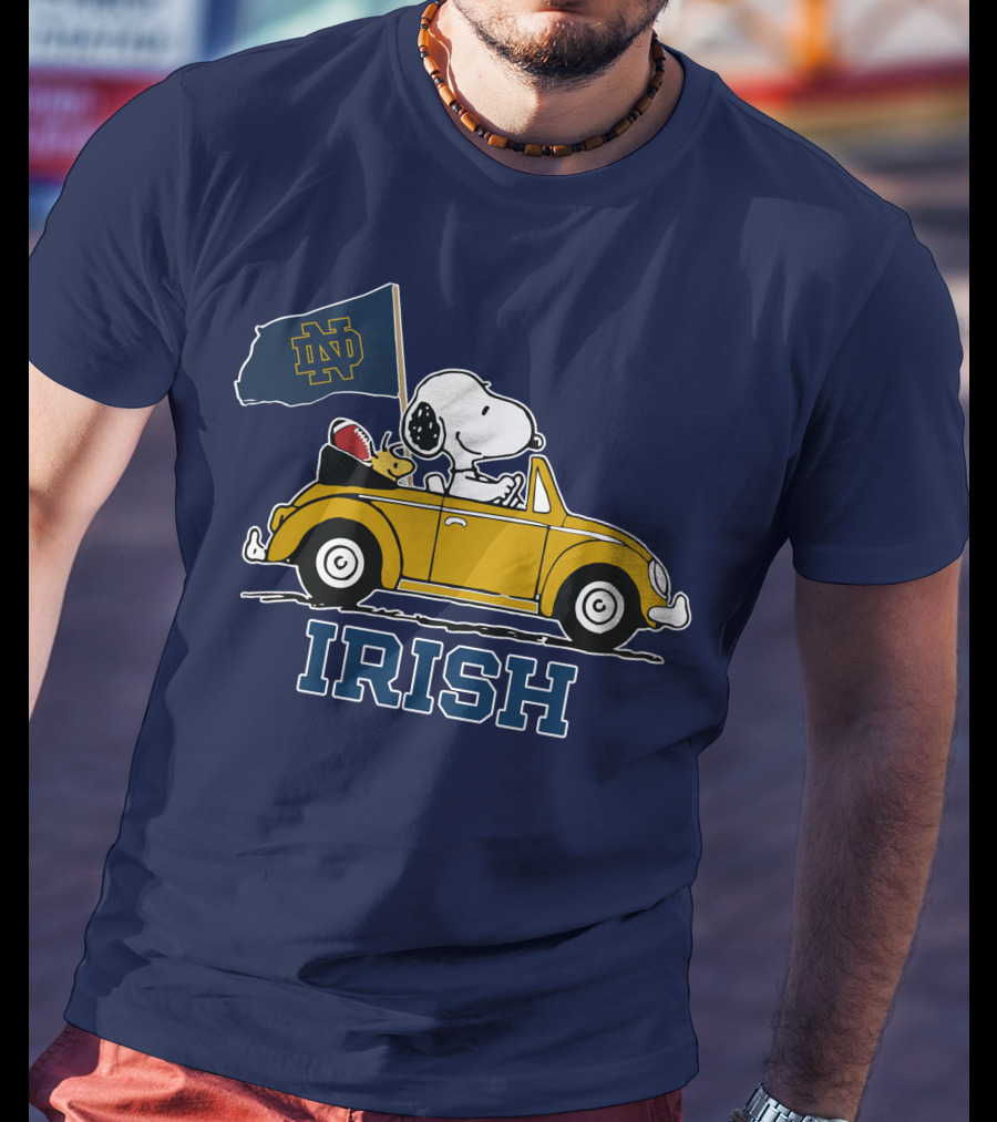 Notre Dame Fighting Irish Snoopy Driving Car With Flag T-Shirt