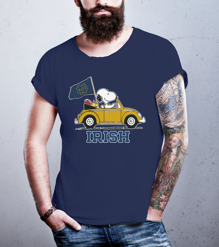 Notre Dame Fighting Irish Snoopy Driving Car With Flag T-Shirt