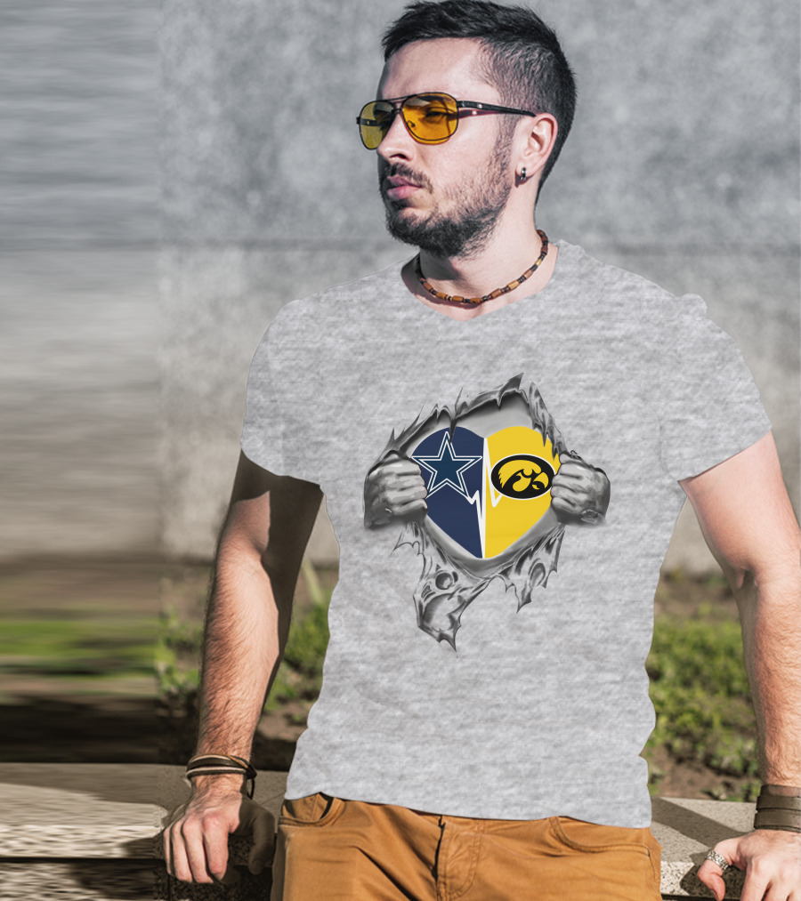 Cowboys And Iowa Hawkeyes Passion Torn Heart With Logos T-Shirt