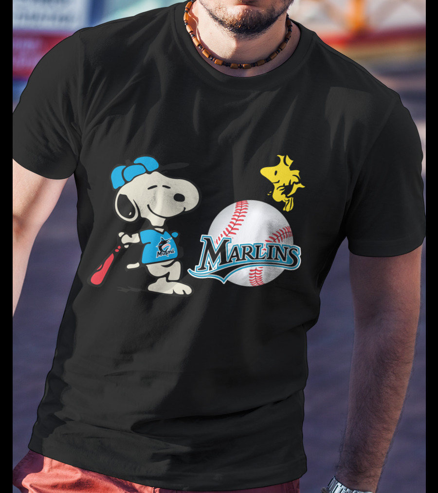 Miami Marlins Snoopy Baseball Woodstock Cartoon T-Shirt