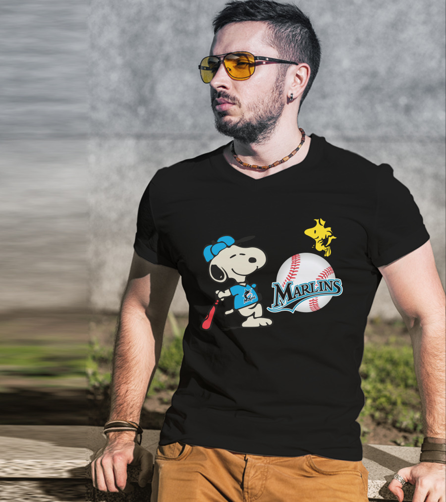 Miami Marlins Snoopy Baseball Woodstock Cartoon T-Shirt