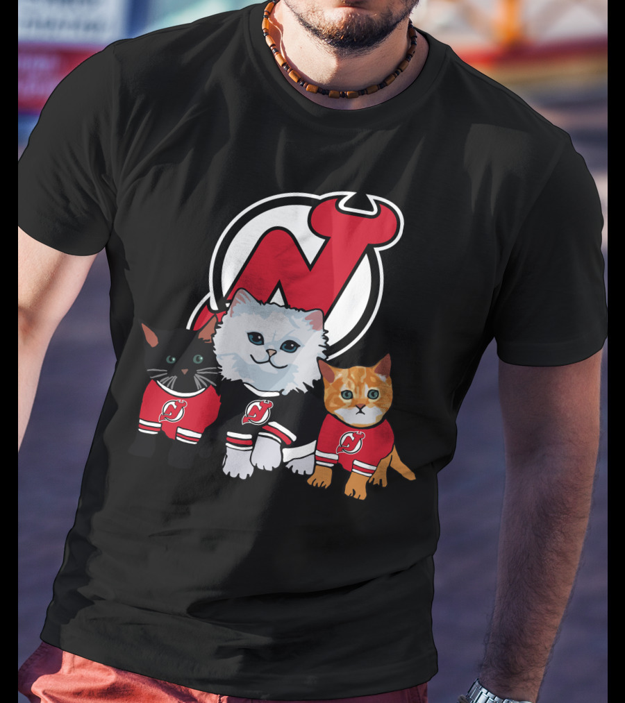 New Jersey Devils Cute Cats In Red Jerseys With Team T-Shirt