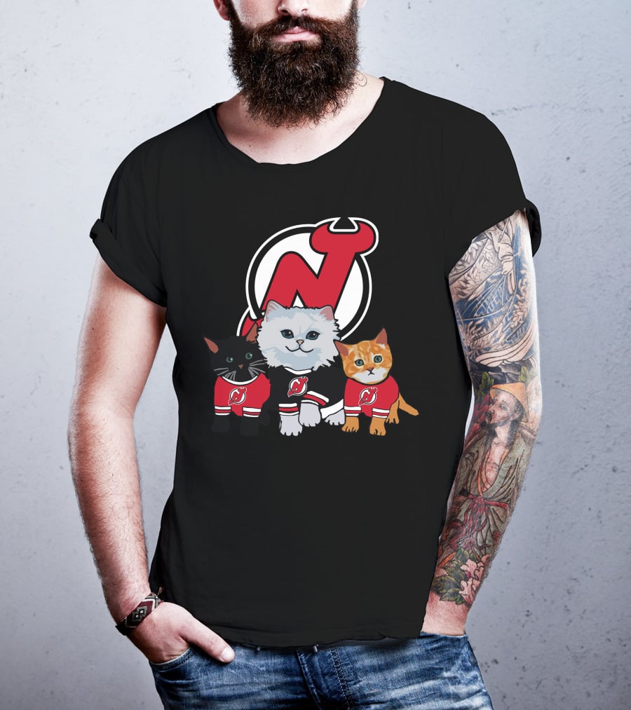 New Jersey Devils Cute Cats In Red Jerseys With Team T-Shirt