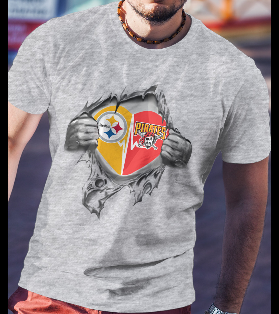 Steelers Pirates Heart Design In Torn Fabric T-Shirt