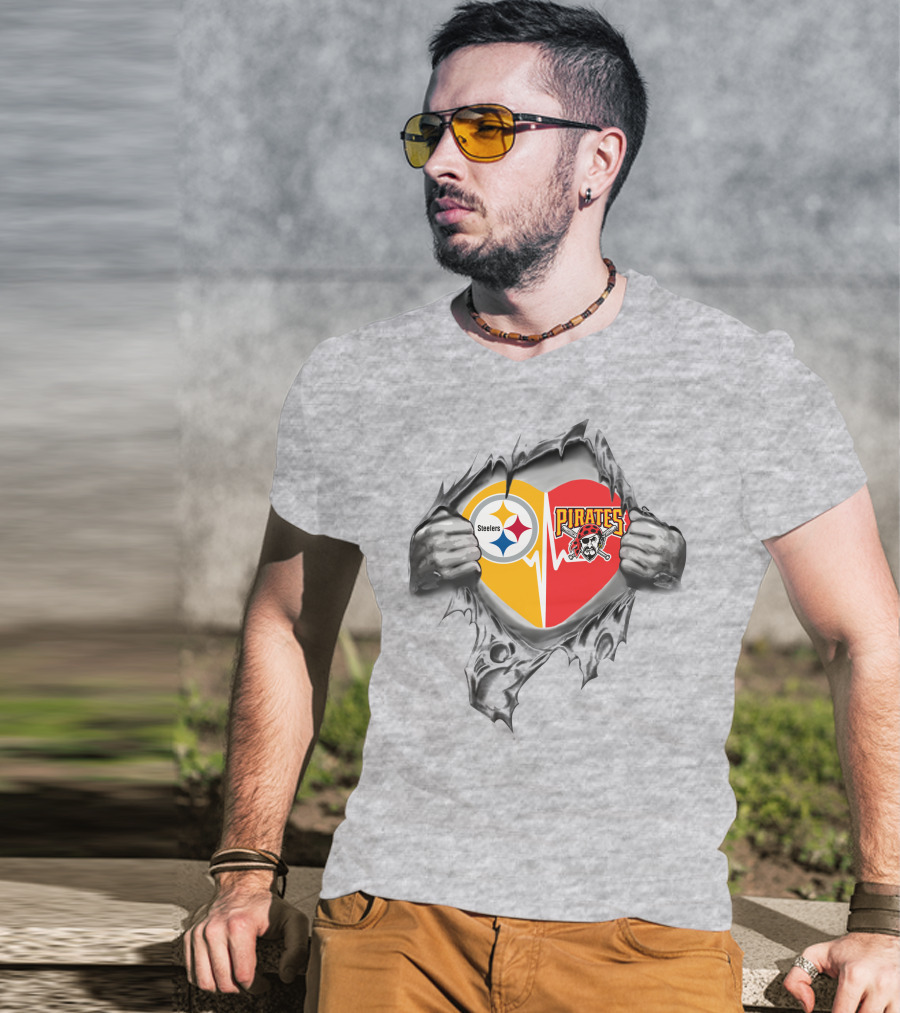 Steelers Pirates Heart Design In Torn Fabric T-Shirt