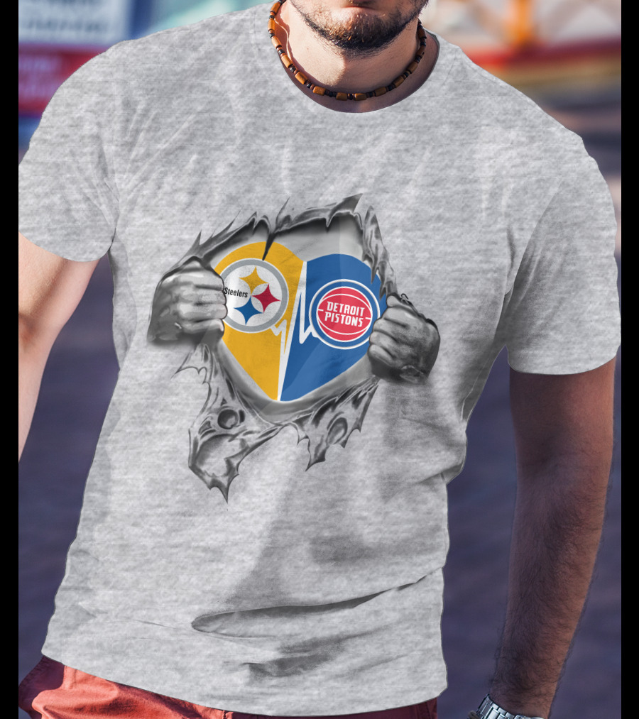 Steelers Detroit Pistons Heart Design Featuring Logos And Ripped Effect T-Shirt