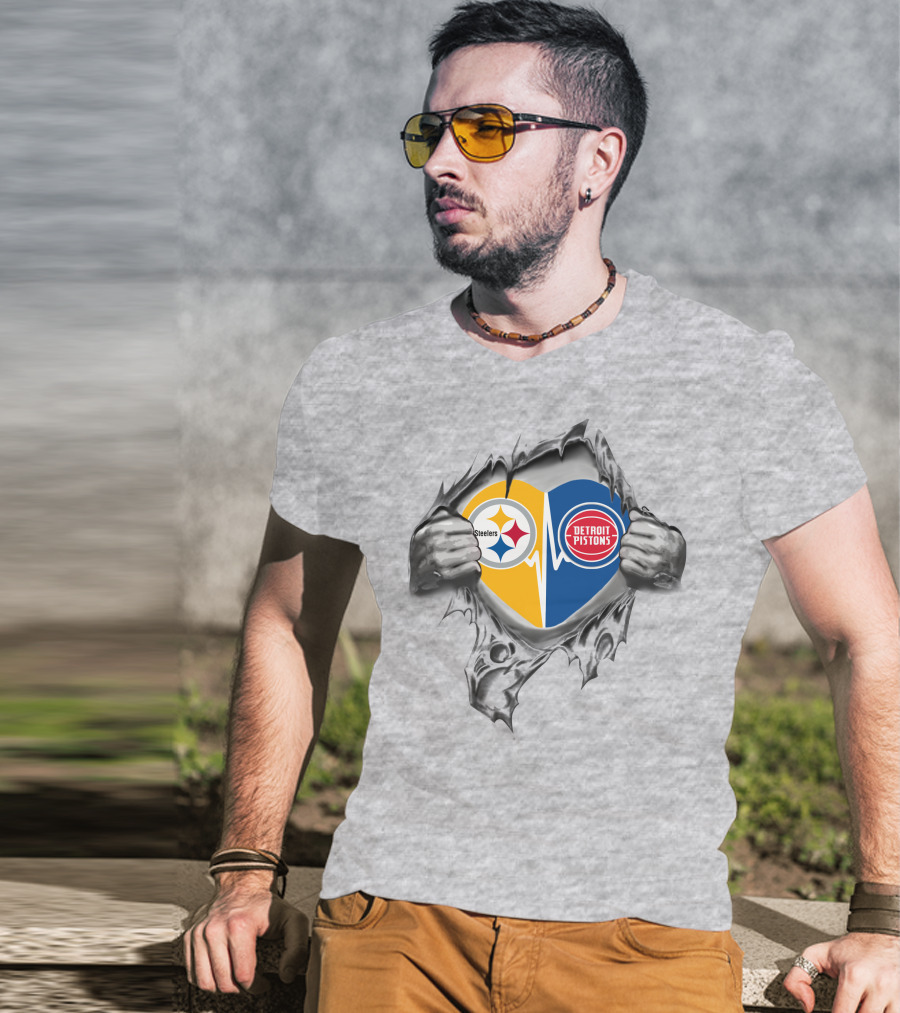 Steelers Detroit Pistons Heart Design Featuring Logos And Ripped Effect T-Shirt