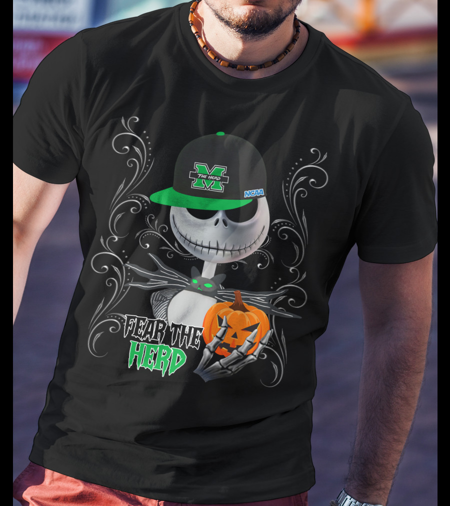 Marshall Thundering Herd Fear The Herd Halloween NCAA Skeleton With Pumpkin T-Shirt