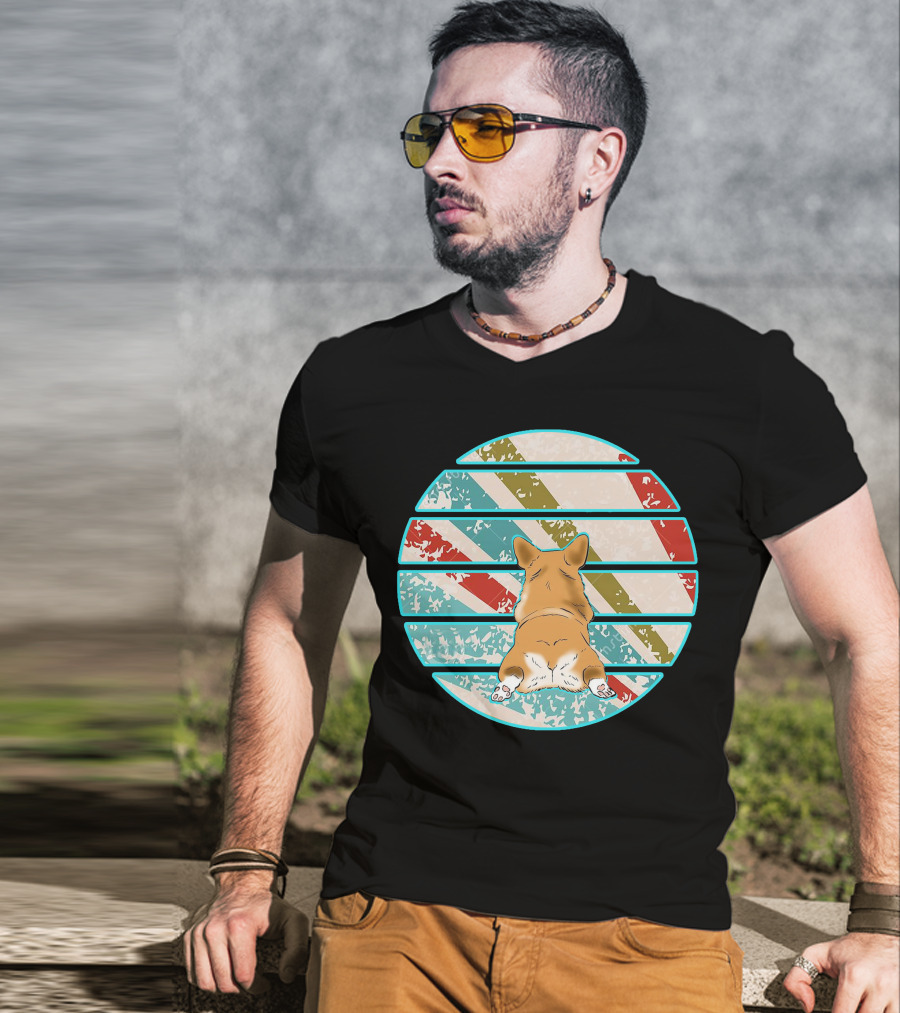 Welsh Corgi Retro Stripes Circle T-Shirt