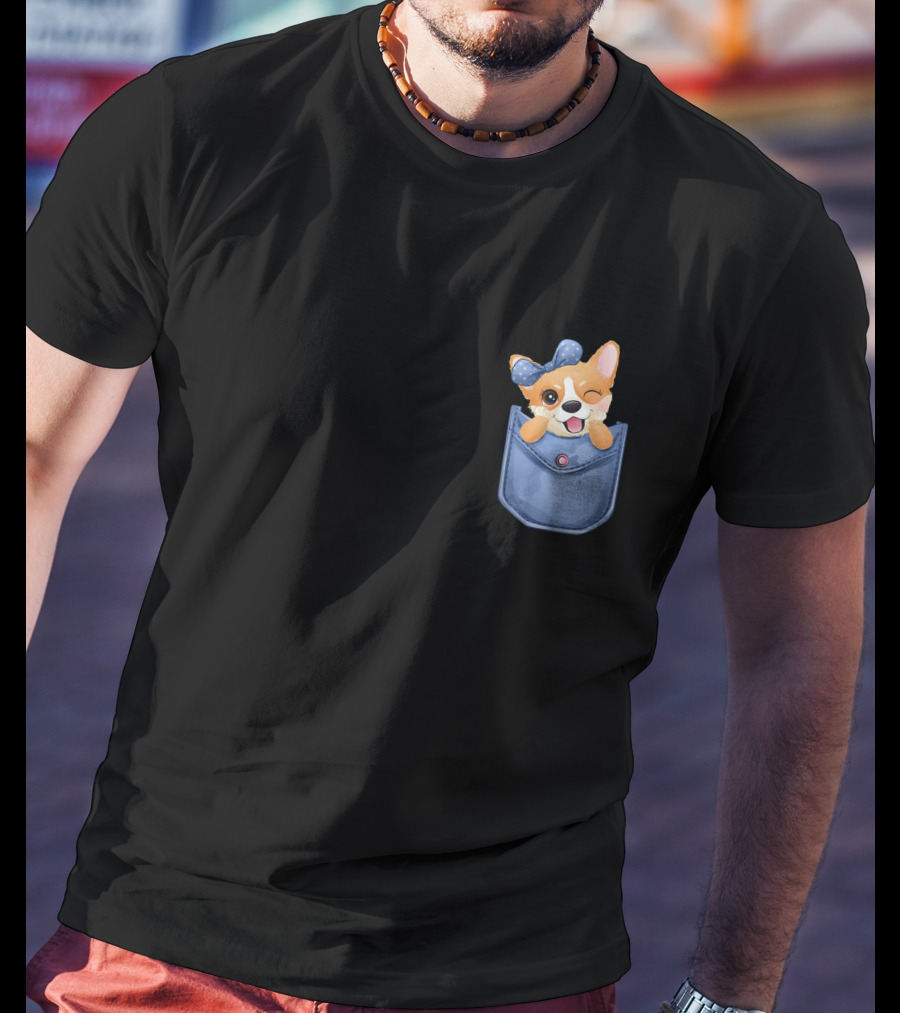 Corgi In Blue Pocket With Winking Bow T-Shirt