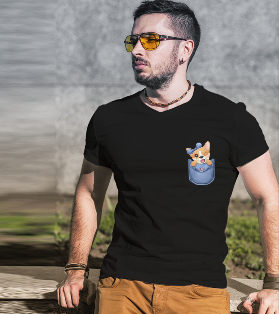 Corgi In Blue Pocket With Winking Bow T-Shirt