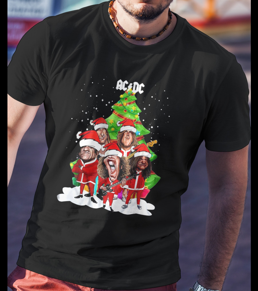 ACDC Christmas Band Santa Hats Cartoon Snow Guitar Christmas Tree T-Shirt