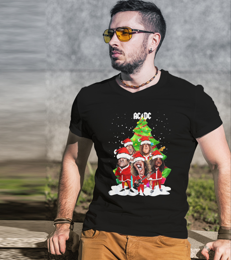 ACDC Christmas Band Santa Hats Cartoon Snow Guitar Christmas Tree T-Shirt