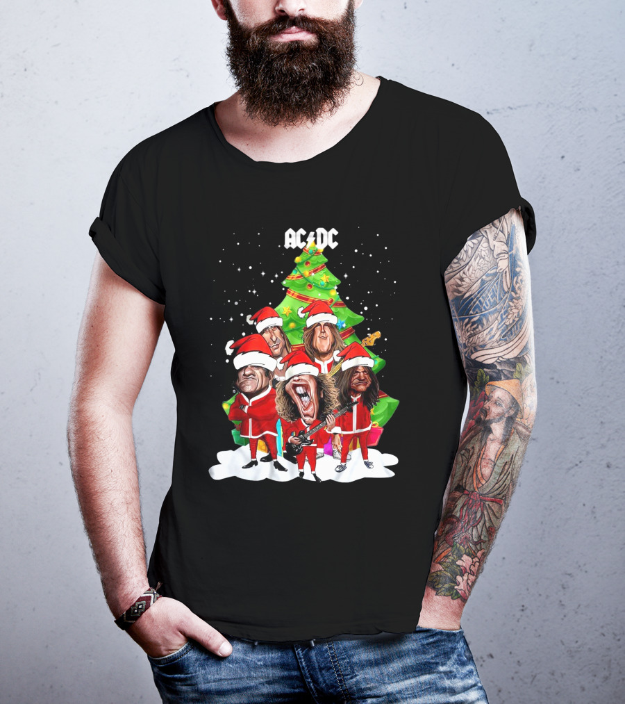 ACDC Christmas Band Santa Hats Cartoon Snow Guitar Christmas Tree T-Shirt