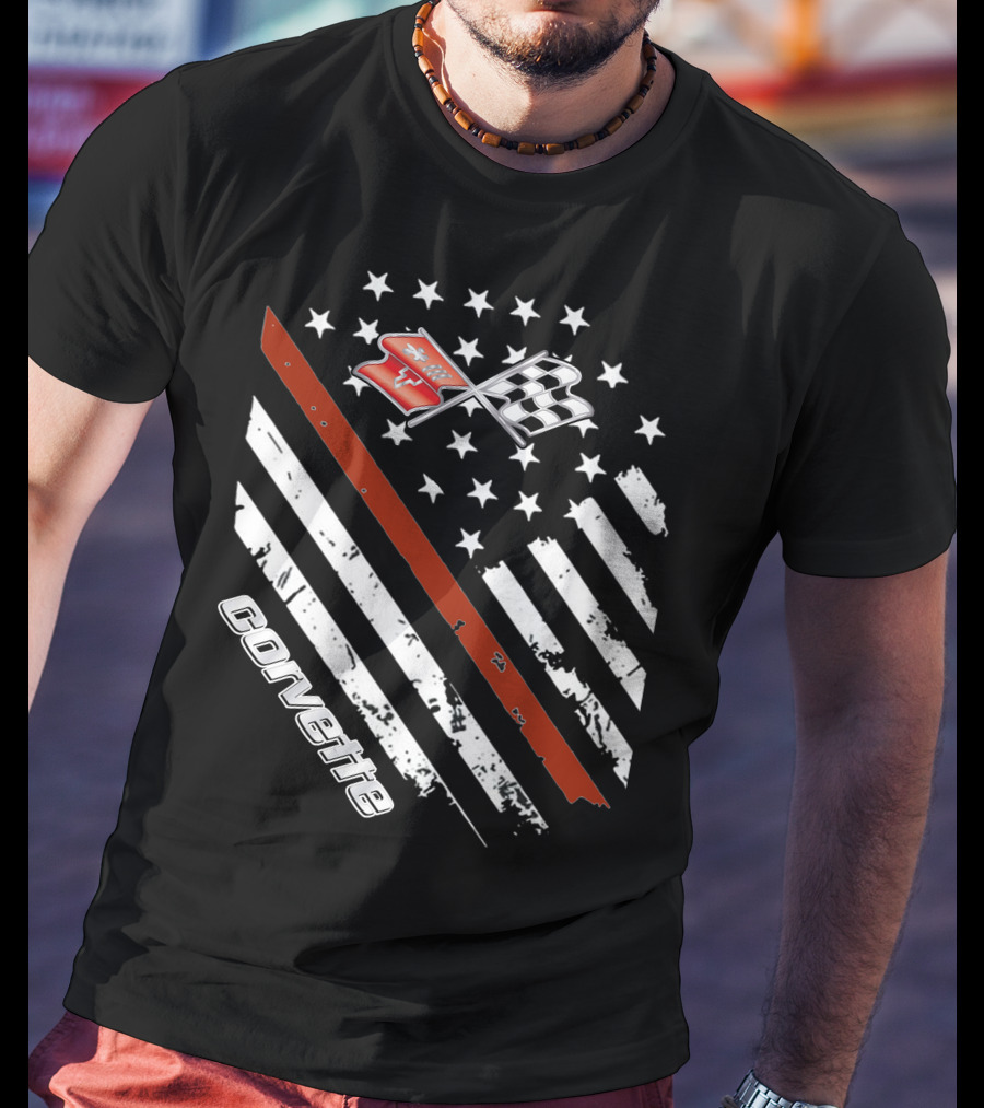 Corvette C3 American Flag Vintage Racing Stripes And Emblems T-Shirt