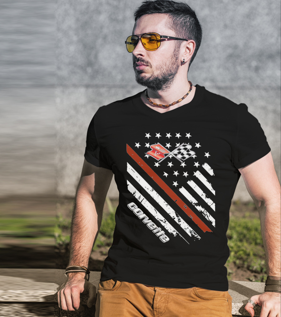 Corvette C3 American Flag Vintage Racing Stripes And Emblems T-Shirt