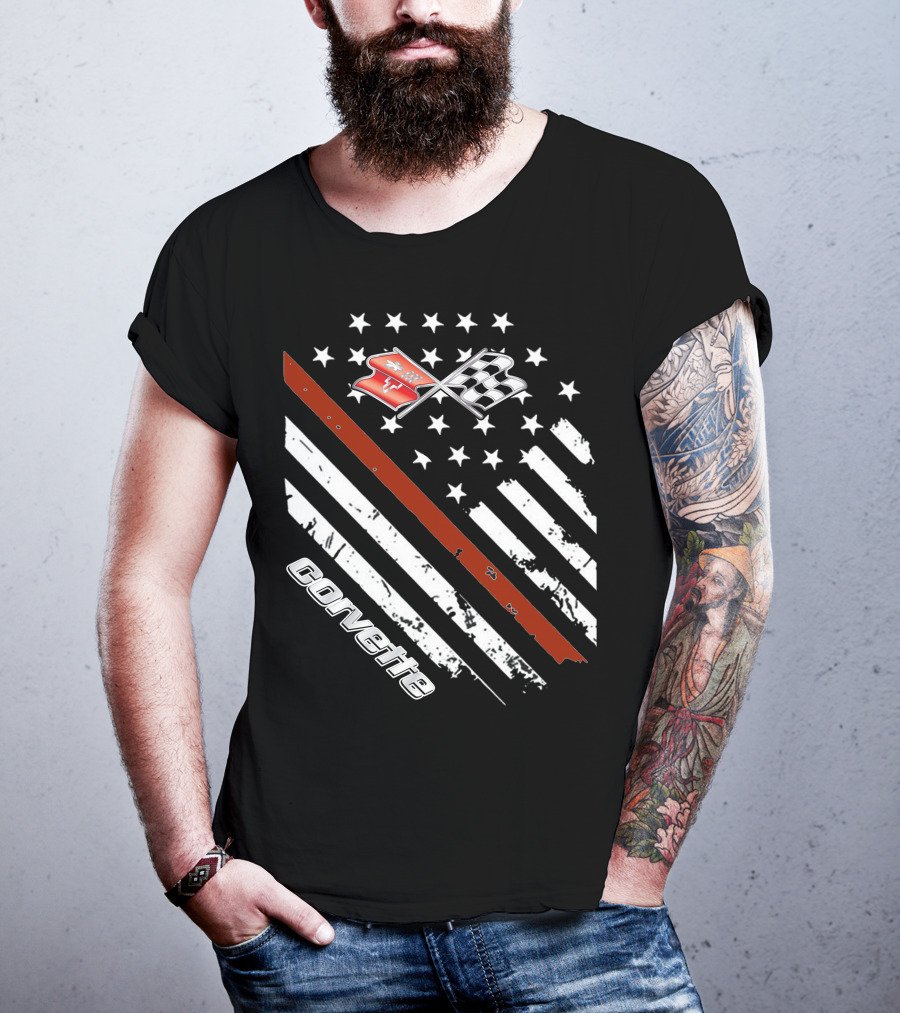 Corvette C3 American Flag Vintage Racing Stripes And Emblems T-Shirt