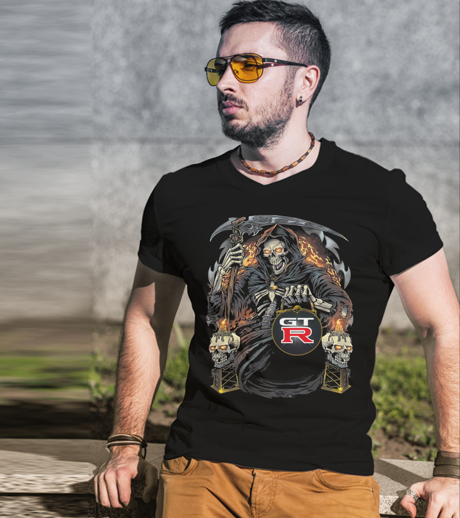 Nissan GTR01 Skeleton With Scythe And Flaming Skulls Retro T-Shirt