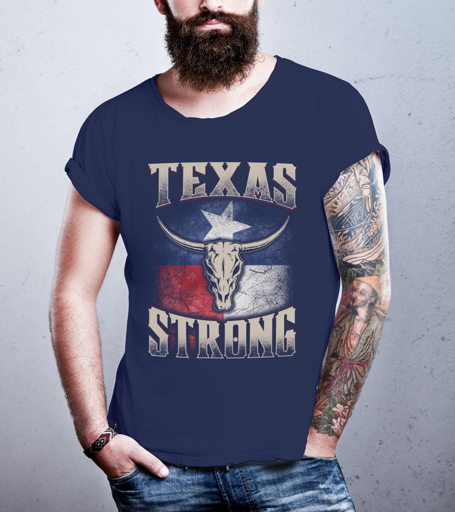 Texas Strong Longhorn Skull With Texas Flag T-Shirt