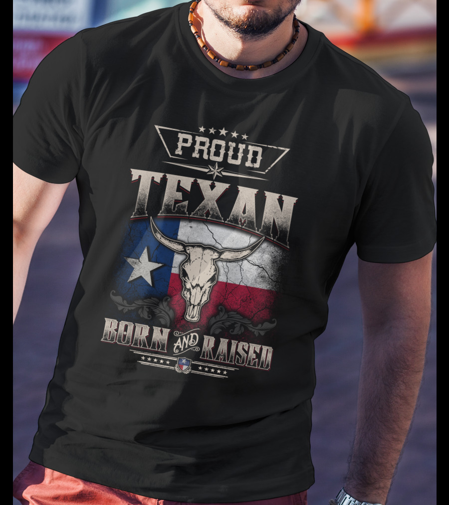 Proud Texan Born And Raised Texas Flag Longhorn Skull T-Shirt