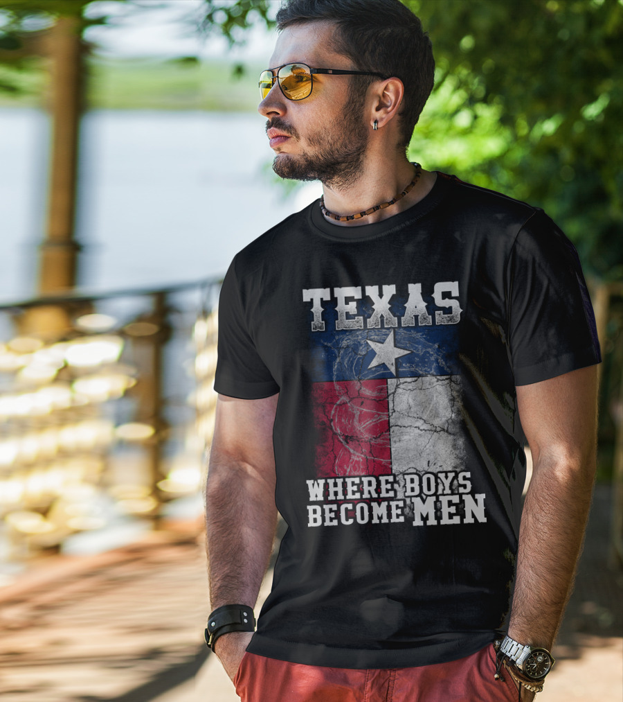 Texas Where Boys Become Men Lone Star Flag Cracked T-Shirt