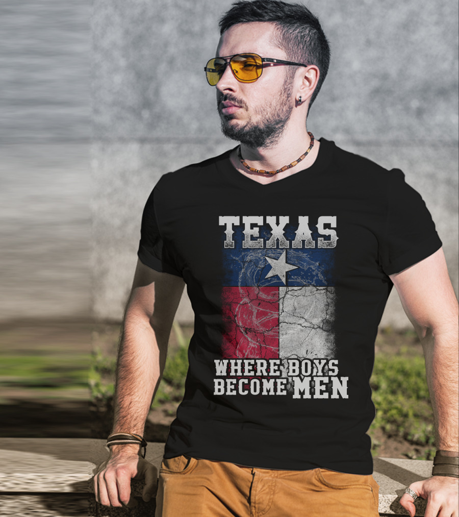 Texas Where Boys Become Men Lone Star Flag Cracked T-Shirt