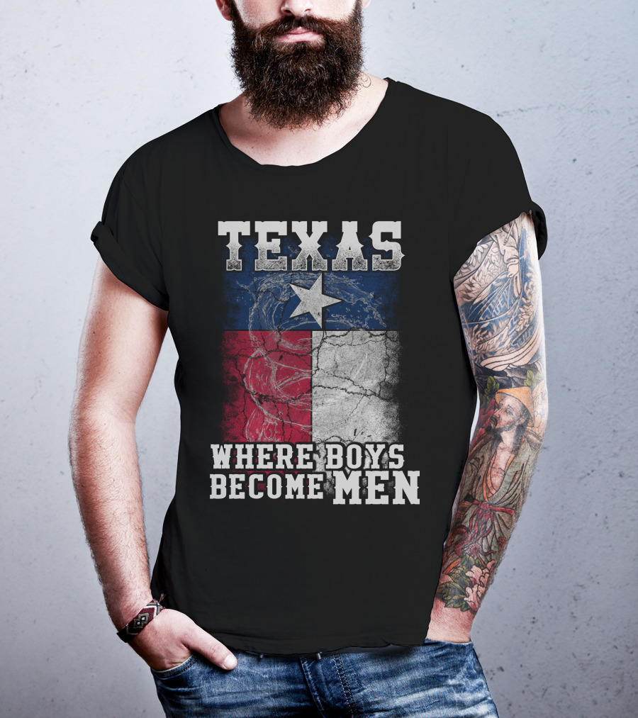 Texas Where Boys Become Men Lone Star Flag Cracked T-Shirt