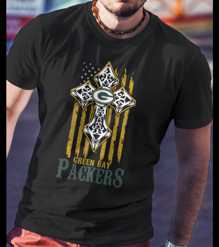 Green Bay Packers Cross American Flag T-Shirt