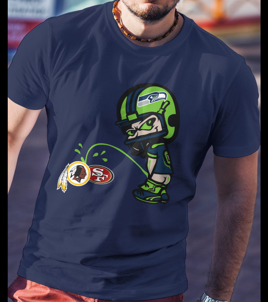 Seattle Seahawks Rivalry Cartoon With San Francisco 49ers And Washington Logos T-Shirt